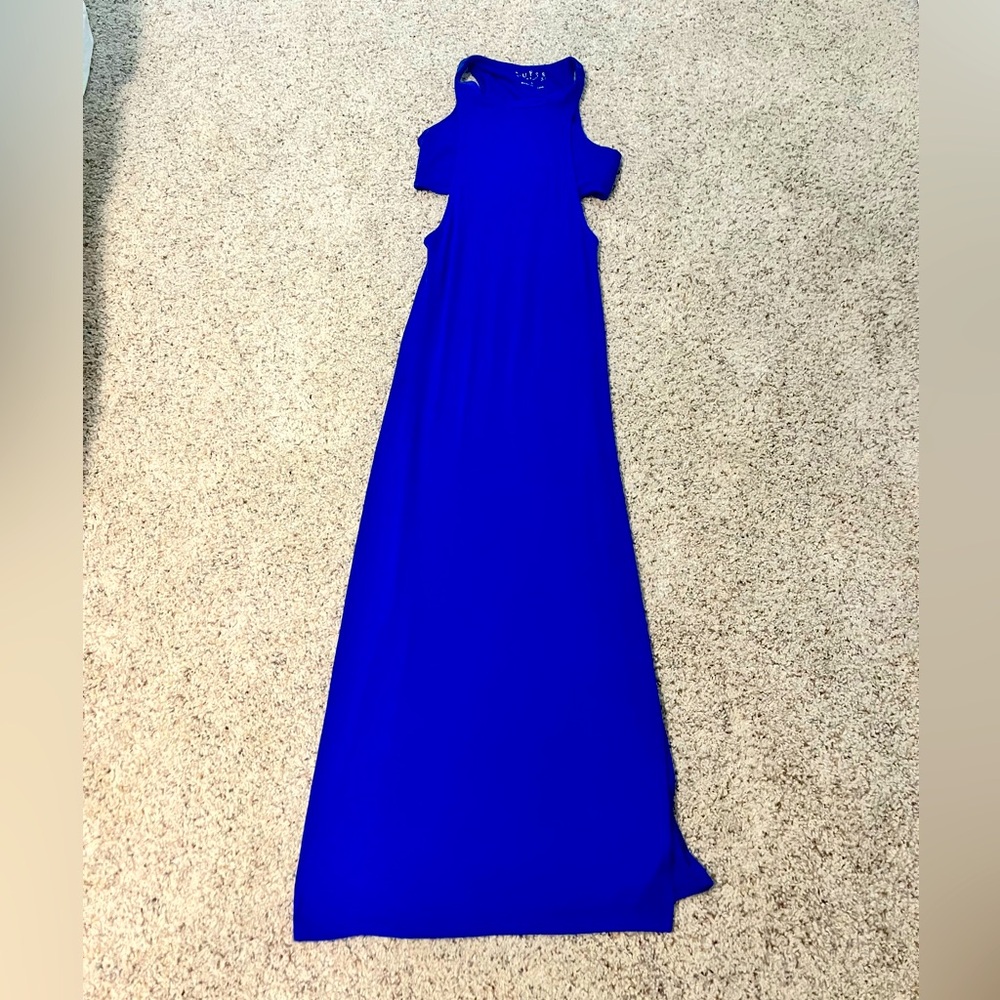 Royal blue maxi dress with cut outs in the side